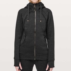 Lululemon full-zip plush scuba hoodie, heathered black, gold drawstring, size 2